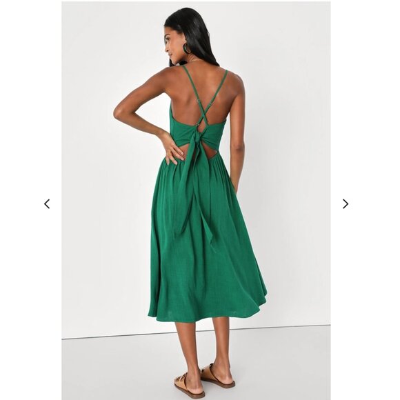 Lulu's Warm Afternoons Green Linen Tie-Back Midi Dress wPockets NWT - Picture 3 of 12